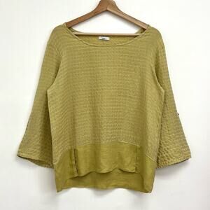 Linnea Linen-Blend Artsy Lagenlook Boxy Roll Tab Lightweight Wide Neck Top Small